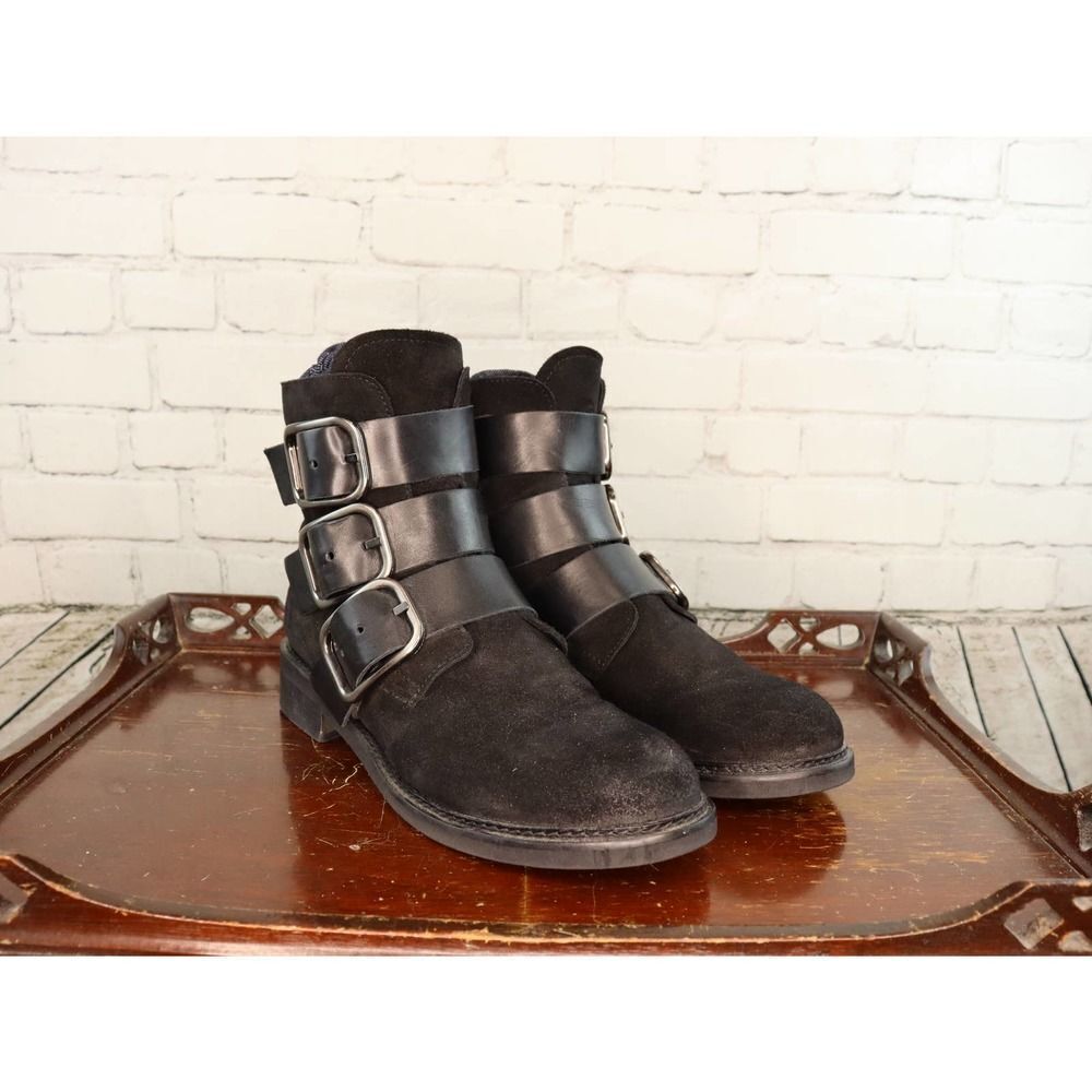 RARE Freebird European Moto Boots Black Suede Leather Buckle Straps Italy 39